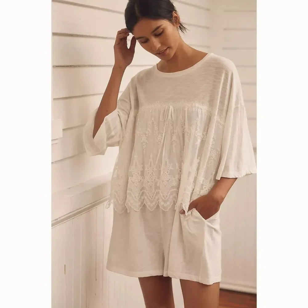 Anthropologie LyreBird Cotton Lace Twofer Romper Mesh Embroidered Solid S 284373
